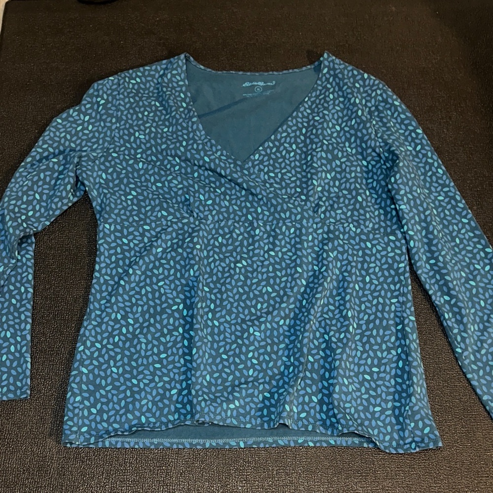Blue Patterned V-Neck Long Sleeve Top